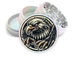 Stylized bald eagle design on pearl white herb grinder with open product view