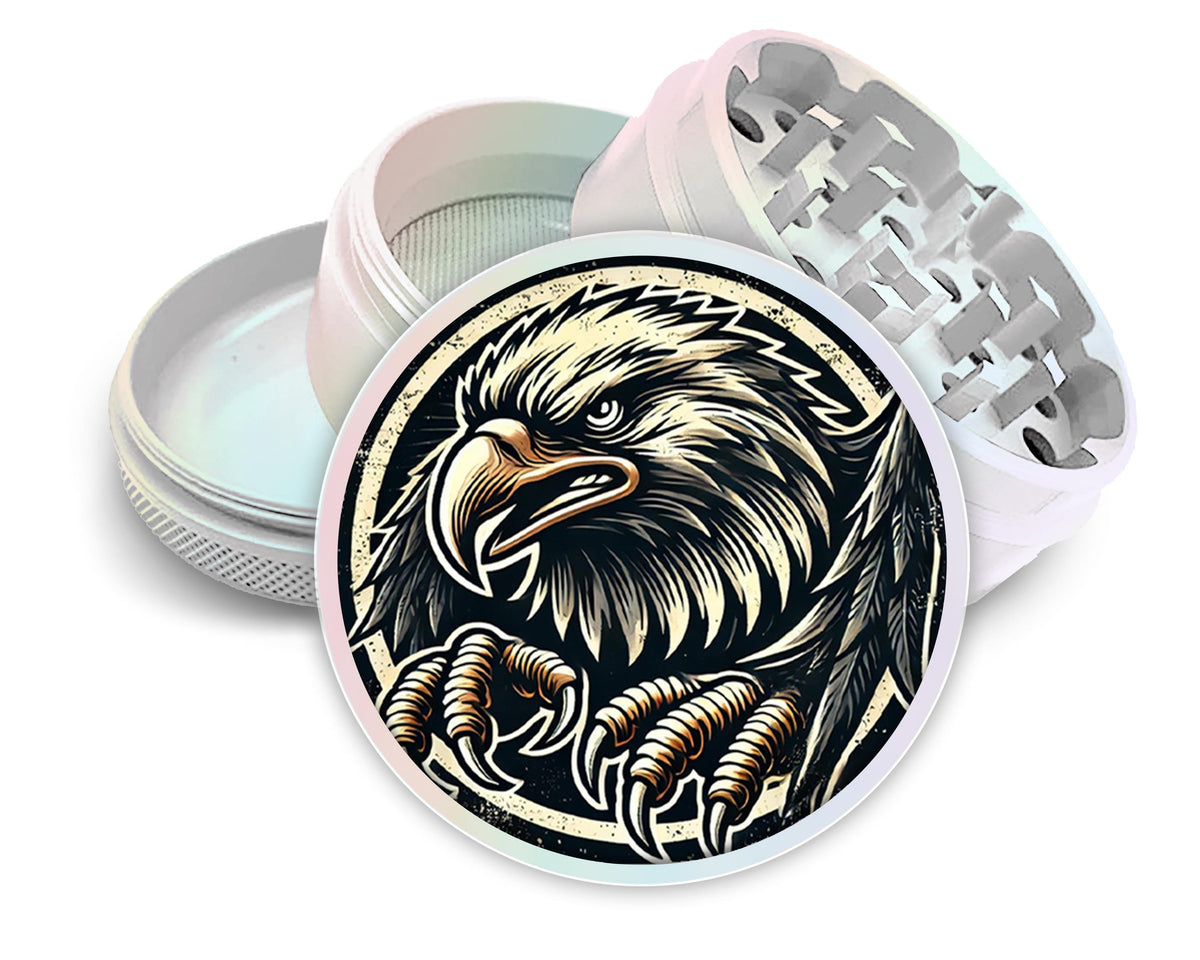 Stylized bald eagle design on pearl white herb grinder with open product view