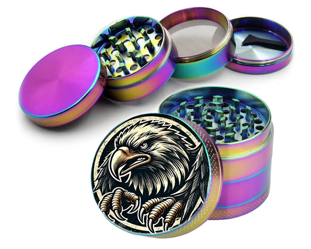Stylized bald eagle design on rainbow herb grinder with open product view