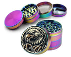 Stylized bald eagle design on rainbow herb grinder with open product view