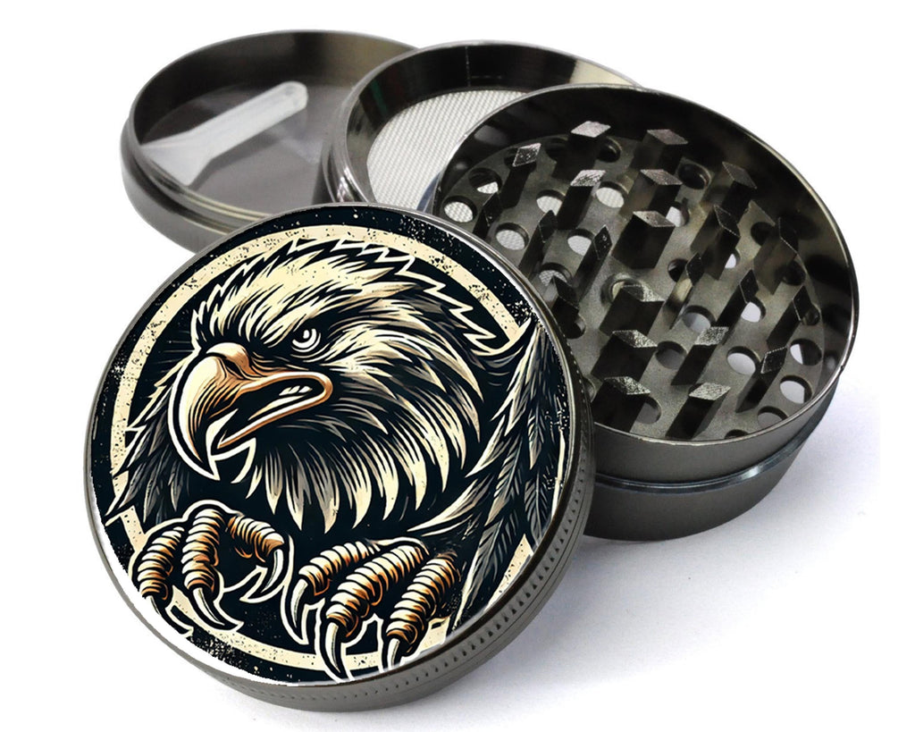 Stylized bald eagle design on grey herb grinder with open product view
