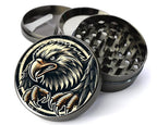 Stylized bald eagle design on grey herb grinder with open product view