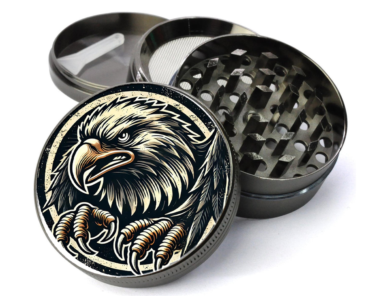 Stylized bald eagle design on grey herb grinder with open product view