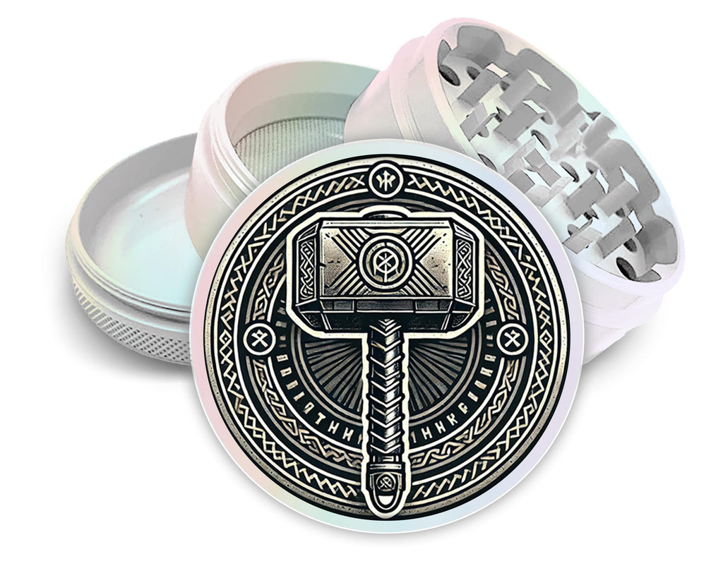Norse hammer and knotwork design on pearl white herb grinder with open product view