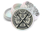 Crossed Viking axes and shield design on pearl white herb grinder with open product view