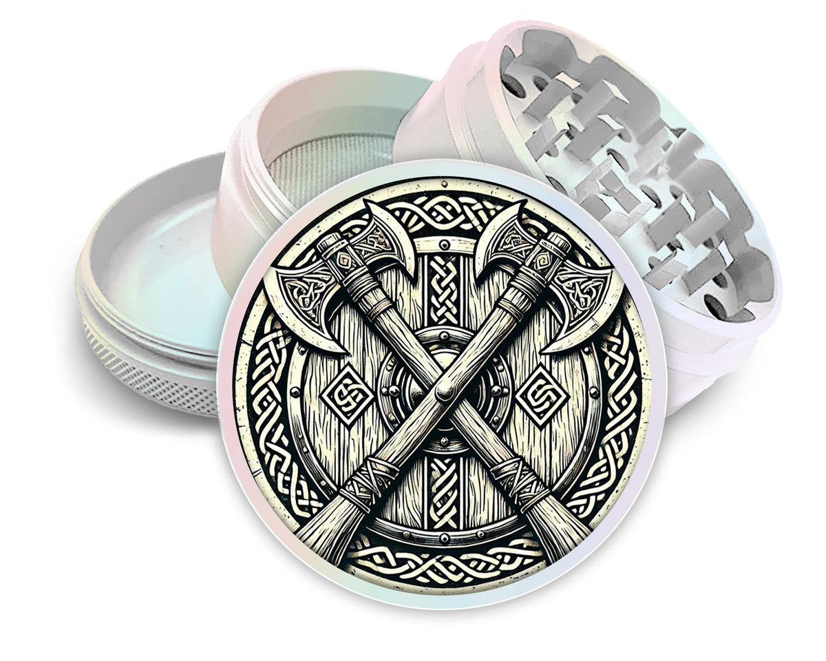 Crossed Viking axes and shield design on pearl white herb grinder with open product view