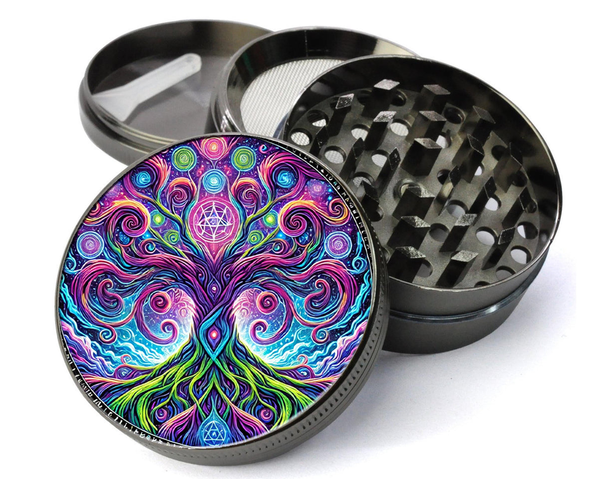 Colorful Yggdrasil Tree Herb Grinder - grey open product view
