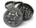 Norse goddess and knotwork design on grey herb grinder with open product view