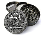 Norse goddess and knotwork design on grey herb grinder with open product view