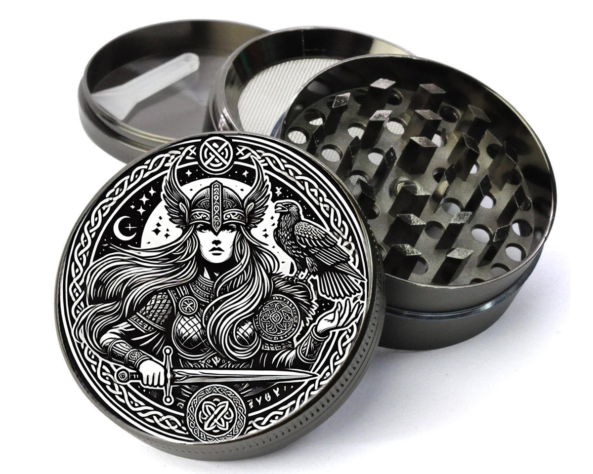 Norse goddess and knotwork design on grey herb grinder with open product view