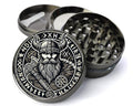 Viking warrior and runes design on grey herb grinder with open product view