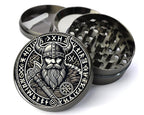 Viking warrior and runes design on grey herb grinder with open product view