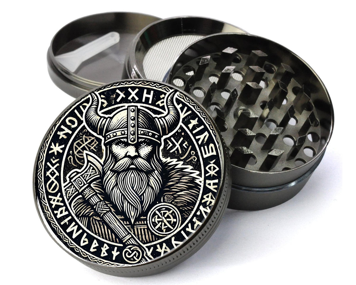 Viking warrior and runes design on grey herb grinder with open product view