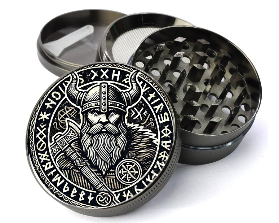 Viking warrior and runes design on grey herb grinder with open product view