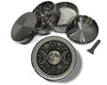 Triple moon and rose sigil design on grey herb grinder with open product view