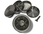 Triple moon and rose sigil design on grey herb grinder with open product view