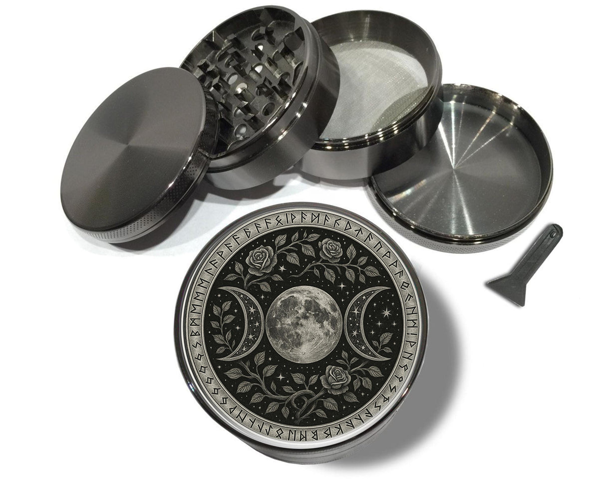 Triple moon and rose sigil design on grey herb grinder with open product view