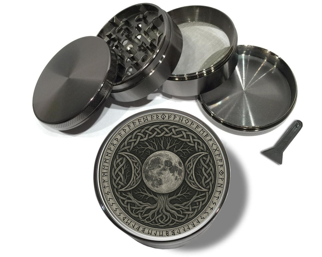 Celtic moon tree sigil design on grey herb grinder with open product view
