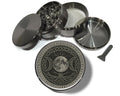 Celtic moon tree sigil design on grey herb grinder with open product view