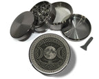 Celtic moon tree sigil design on grey herb grinder with open product view