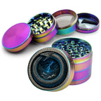 Storm serpent ouroboros design on rainbow herb grinder with open product view