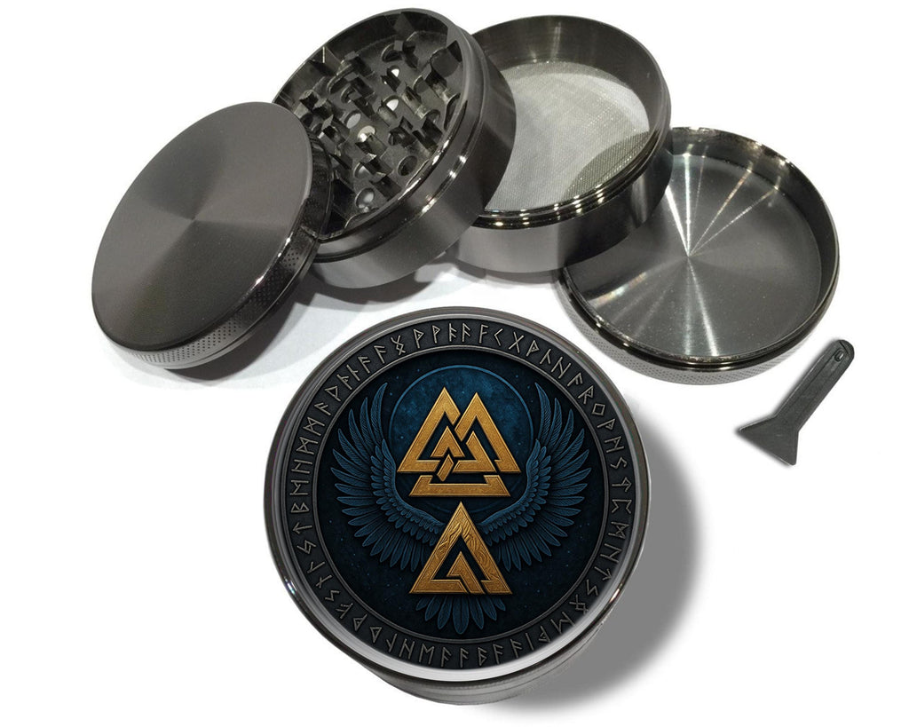 Valknut wings and Norse runes design on grey herb grinder with open product view