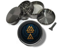 Valknut wings and Norse runes design on grey herb grinder with open product view