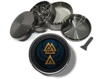 Valknut wings and Norse runes design on grey herb grinder with open product view