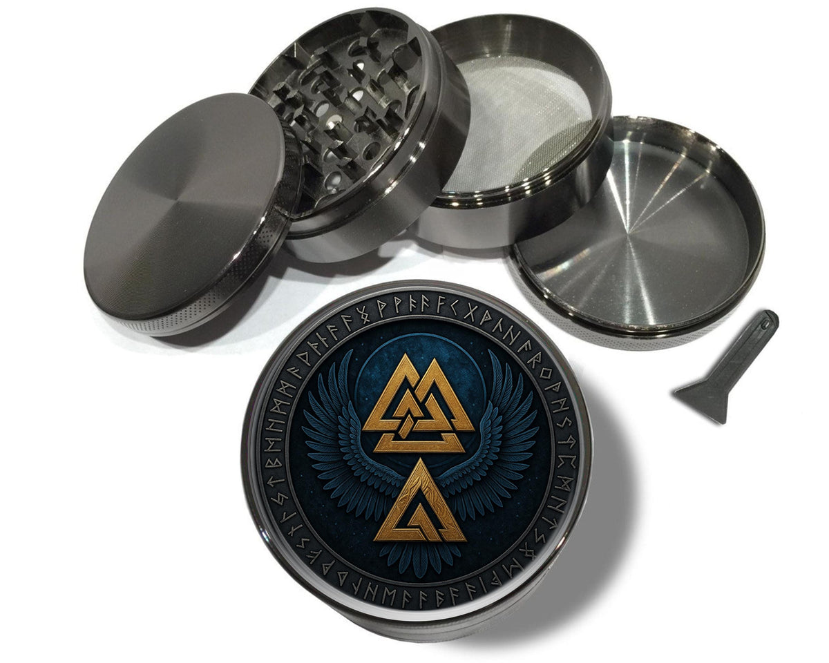 Valknut wings and Norse runes design on grey herb grinder with open product view