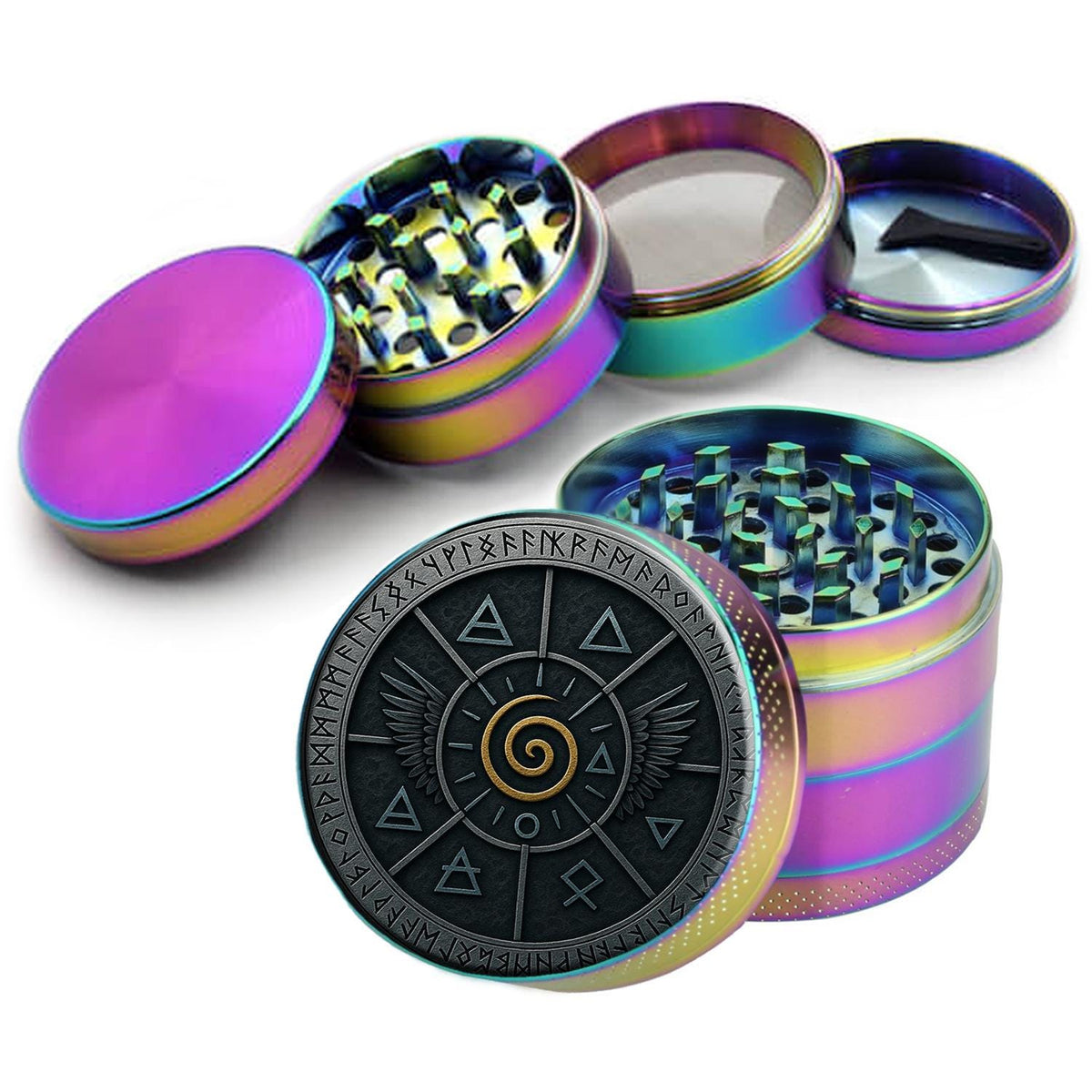 Elemental spiral and wing sigil design on rainbow herb grinder with open product view