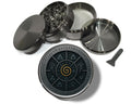 Elemental spiral and wing sigil design on grey herb grinder with open product view
