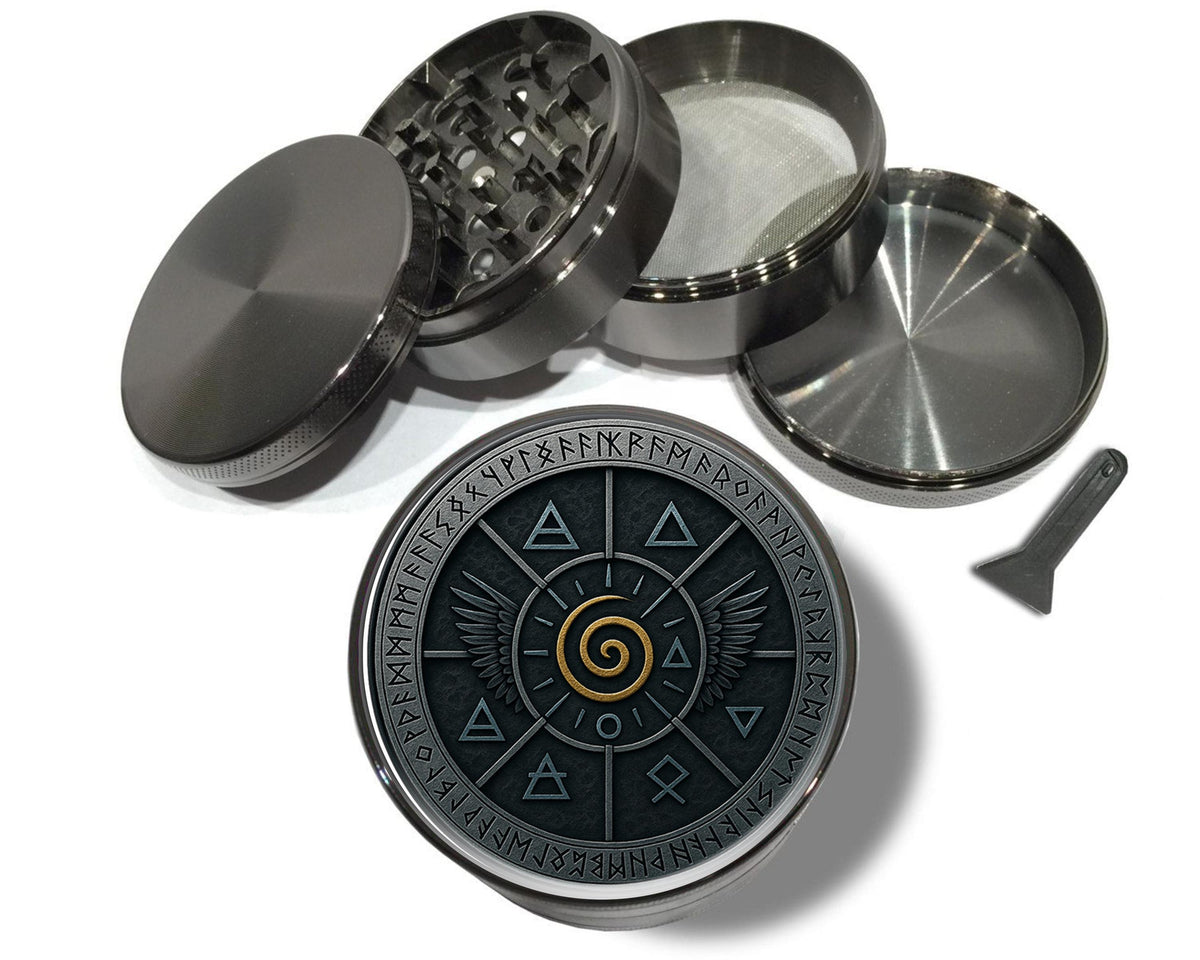 Elemental spiral and wing sigil design on grey herb grinder with open product view