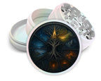Yggdrasil tree and nine realms wheel design on pearl white herb grinder with open product view