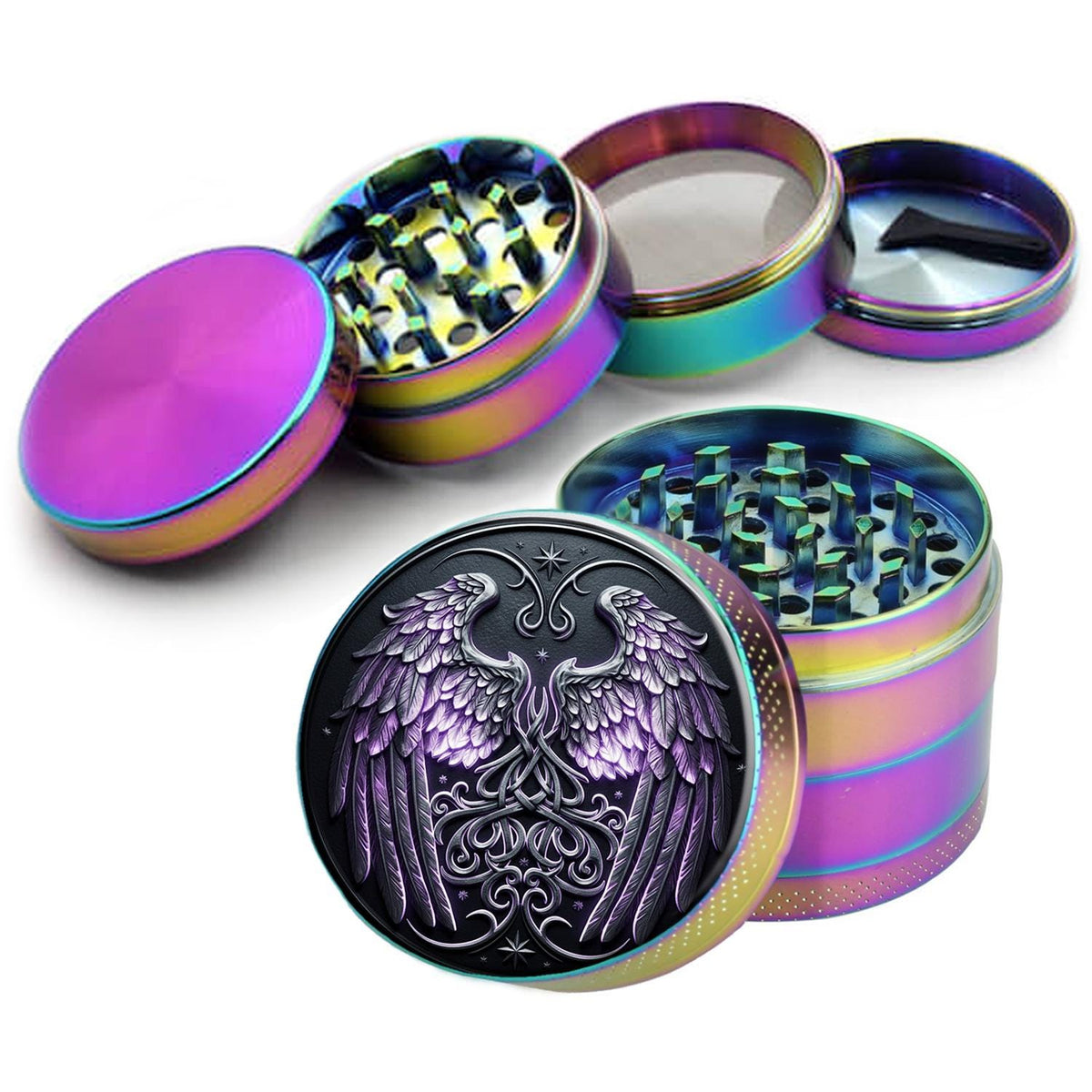Celestial wings and knotwork crest design on rainbow herb grinder with open product view