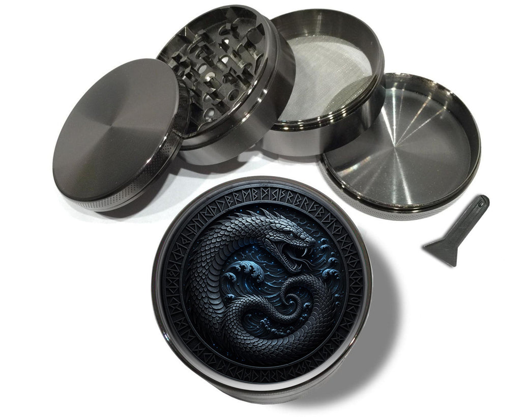 Runic sea serpent emblem design on grey herb grinder with open product view