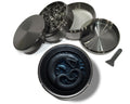 Runic sea serpent emblem design on grey herb grinder with open product view