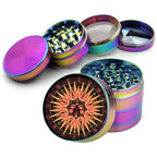 Celestial third-eye sun design on rainbow herb grinder with open product view