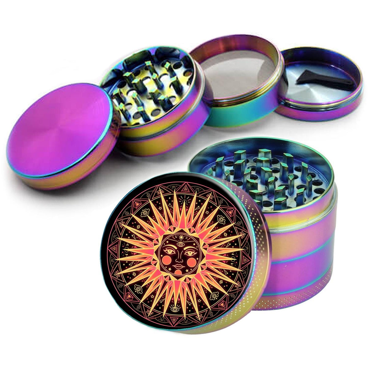 Celestial third-eye sun design on rainbow herb grinder with open product view