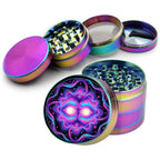 Colorful cosmic sun face design on rainbow herb grinder with open product view