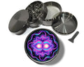 Colorful cosmic sun face design on grey herb grinder with open product view