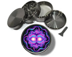 Colorful cosmic sun face design on grey herb grinder with open product view