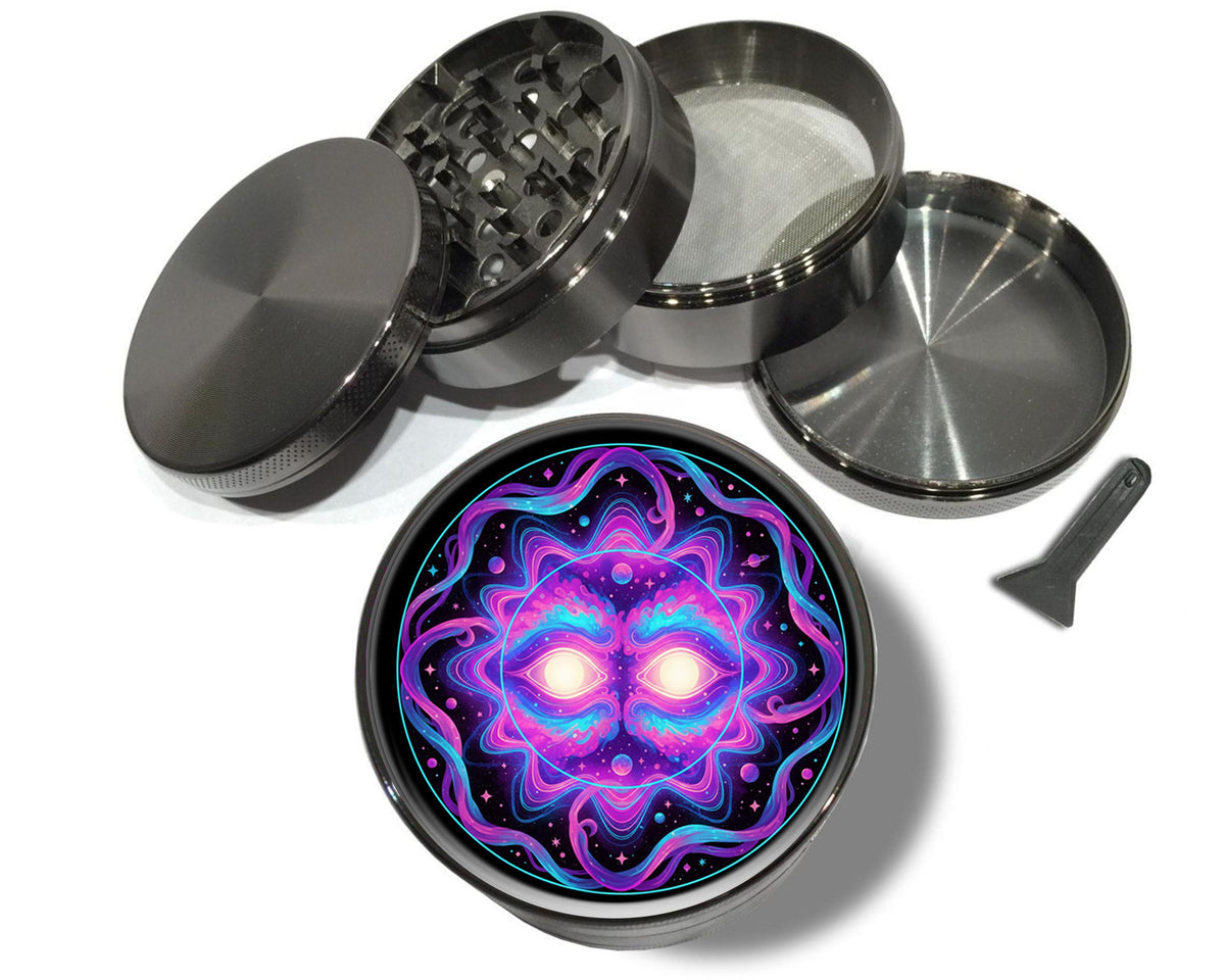 Colorful cosmic sun face design on grey herb grinder with open product view