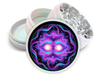 Colorful cosmic sun face design on pearl white herb grinder with open product view