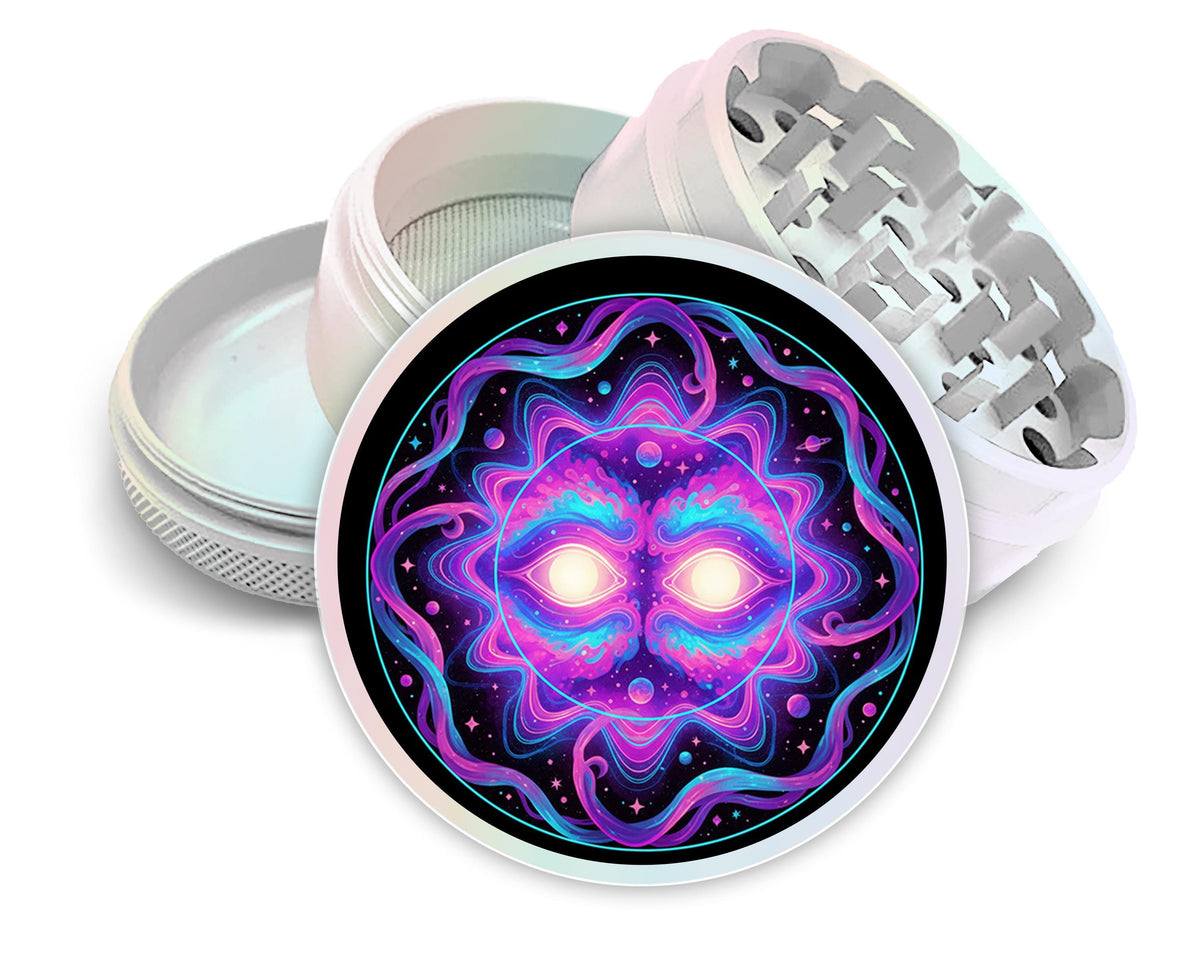 Colorful cosmic sun face design on pearl white herb grinder with open product view