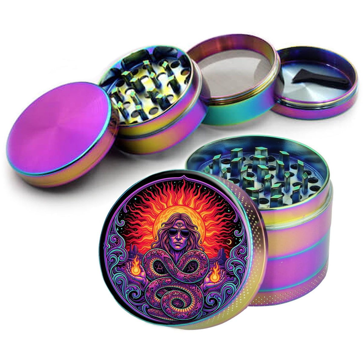 Serpent sun shaman artwork design on rainbow herb grinder with open product view