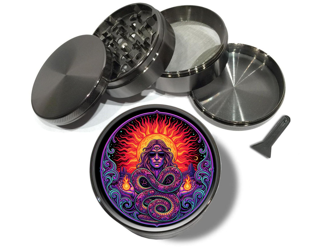 Serpent sun shaman artwork design on grey herb grinder with open product view