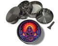 Serpent sun shaman artwork design on grey herb grinder with open product view