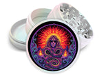 Serpent sun shaman artwork design on pearl white herb grinder with open product view