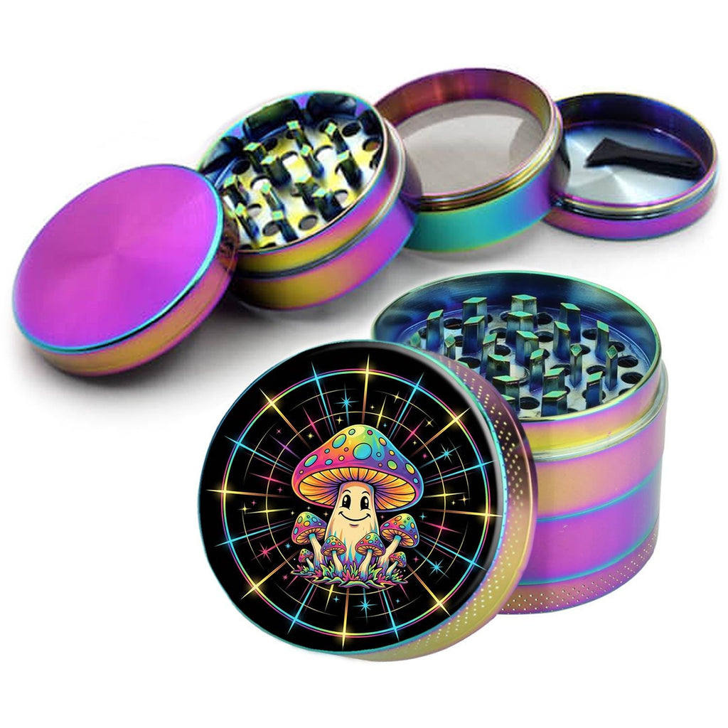Rainbow mushroom character design on rainbow herb grinder with open product view