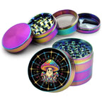 Rainbow mushroom character design on rainbow herb grinder with open product view